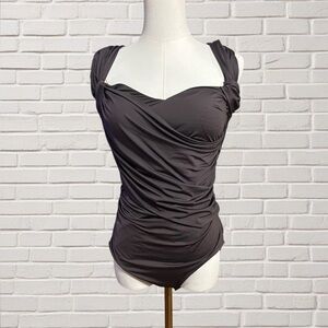 Badgley Mischka Espresso Ruched One Piece Slimming Swimsuit Draped Size 12